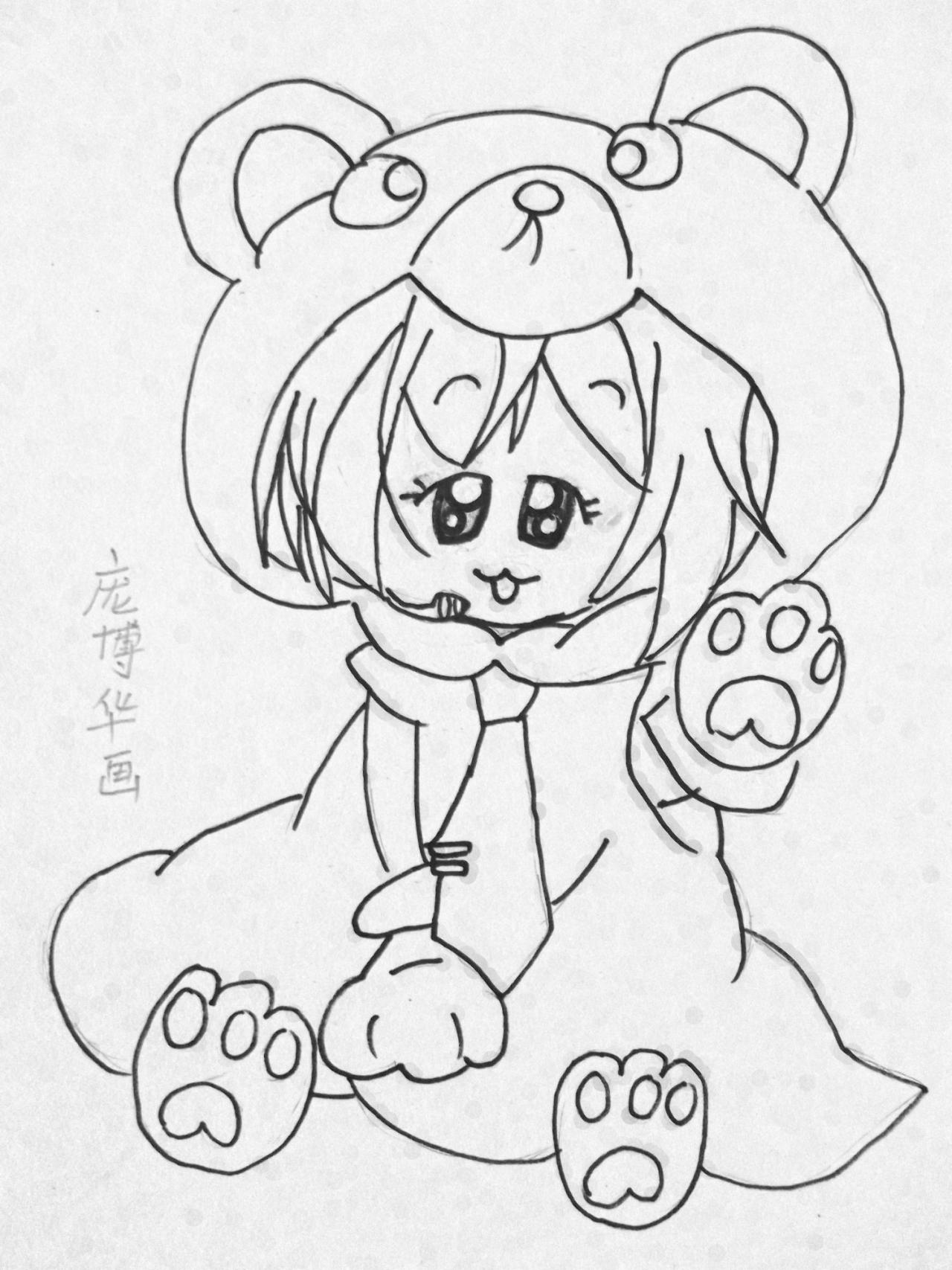 穿着小熊外套的女孩 线稿 庞博华画