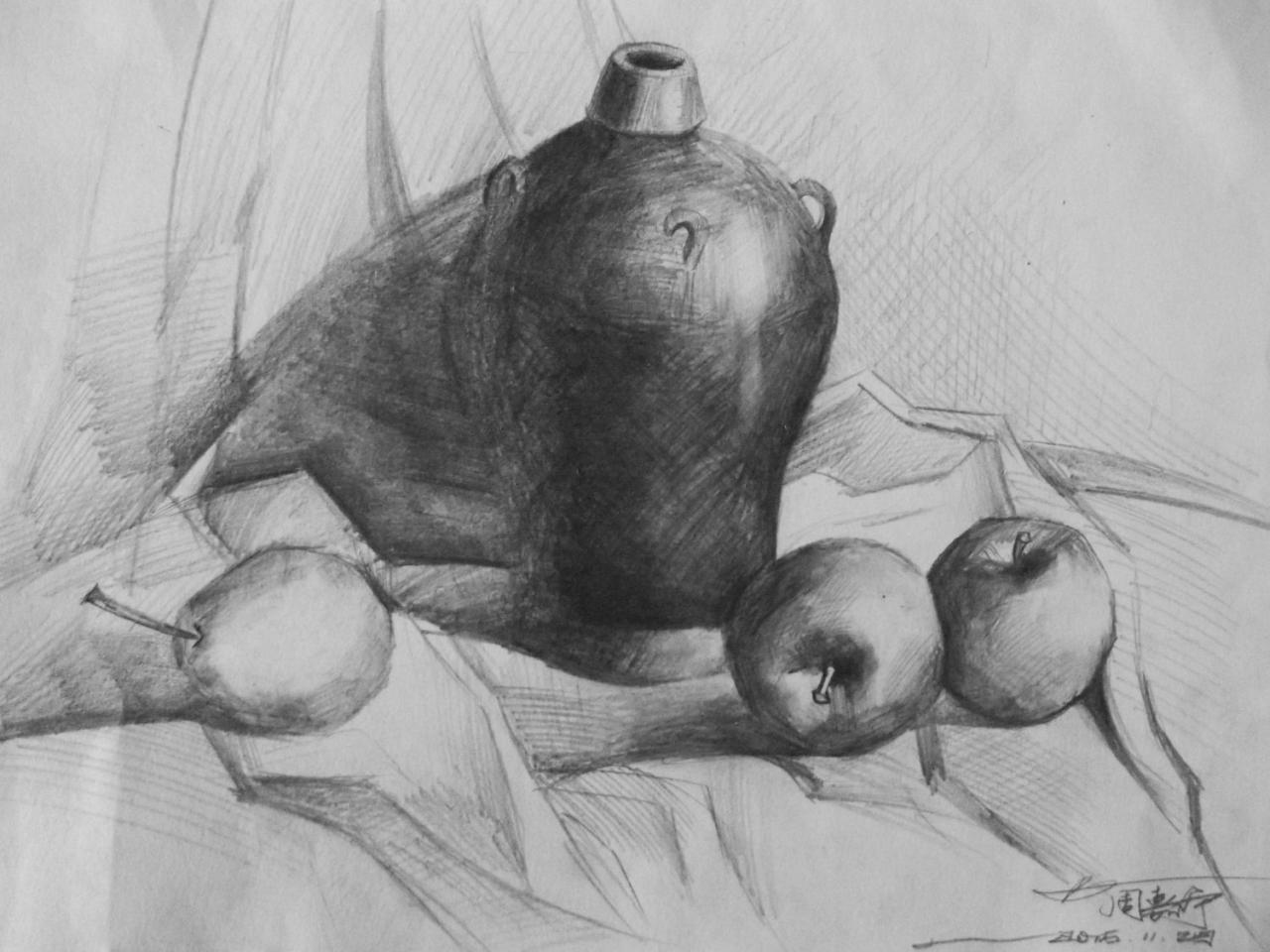 陶罐 梨 衬布 静物素描 周嘉宁画