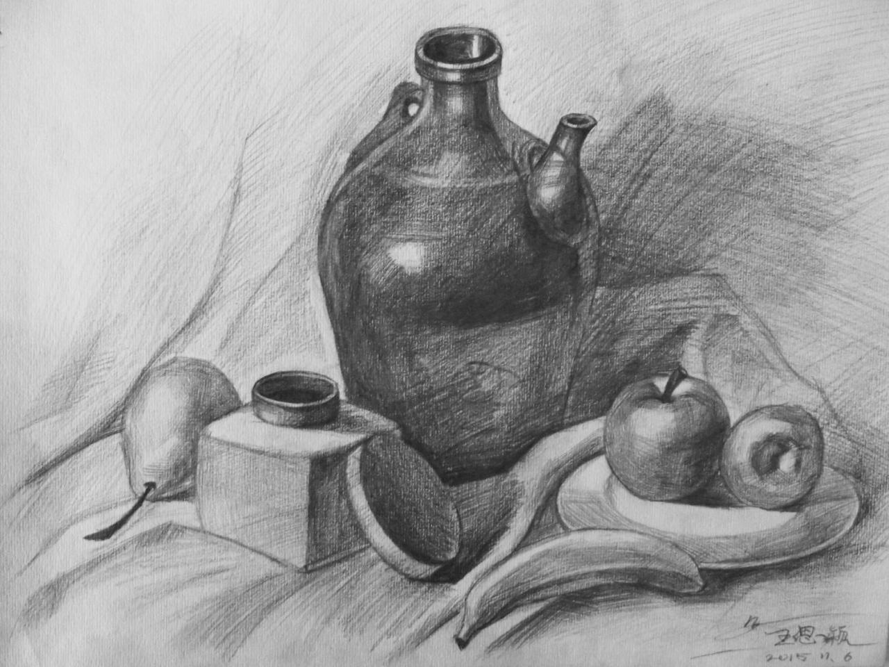 陶罐 墨水瓶 香蕉 梨 苹果 盘子 静物素描 王思颖画