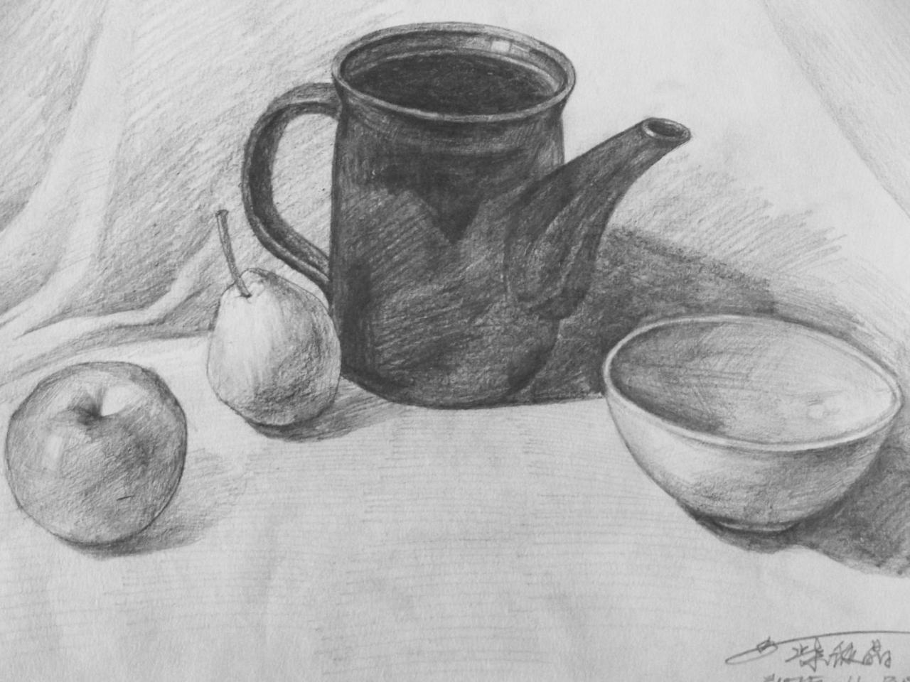 瓶子 碗 梨 苹果 静物素描 柴筱晶画