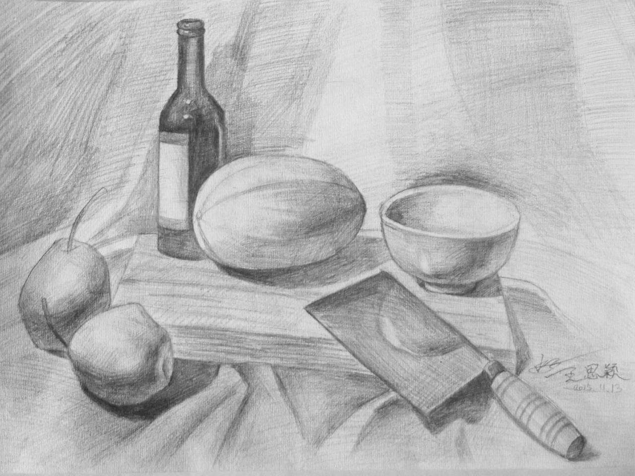 酒瓶 白菜 梨 碗 刀 静物素描 王思颖画