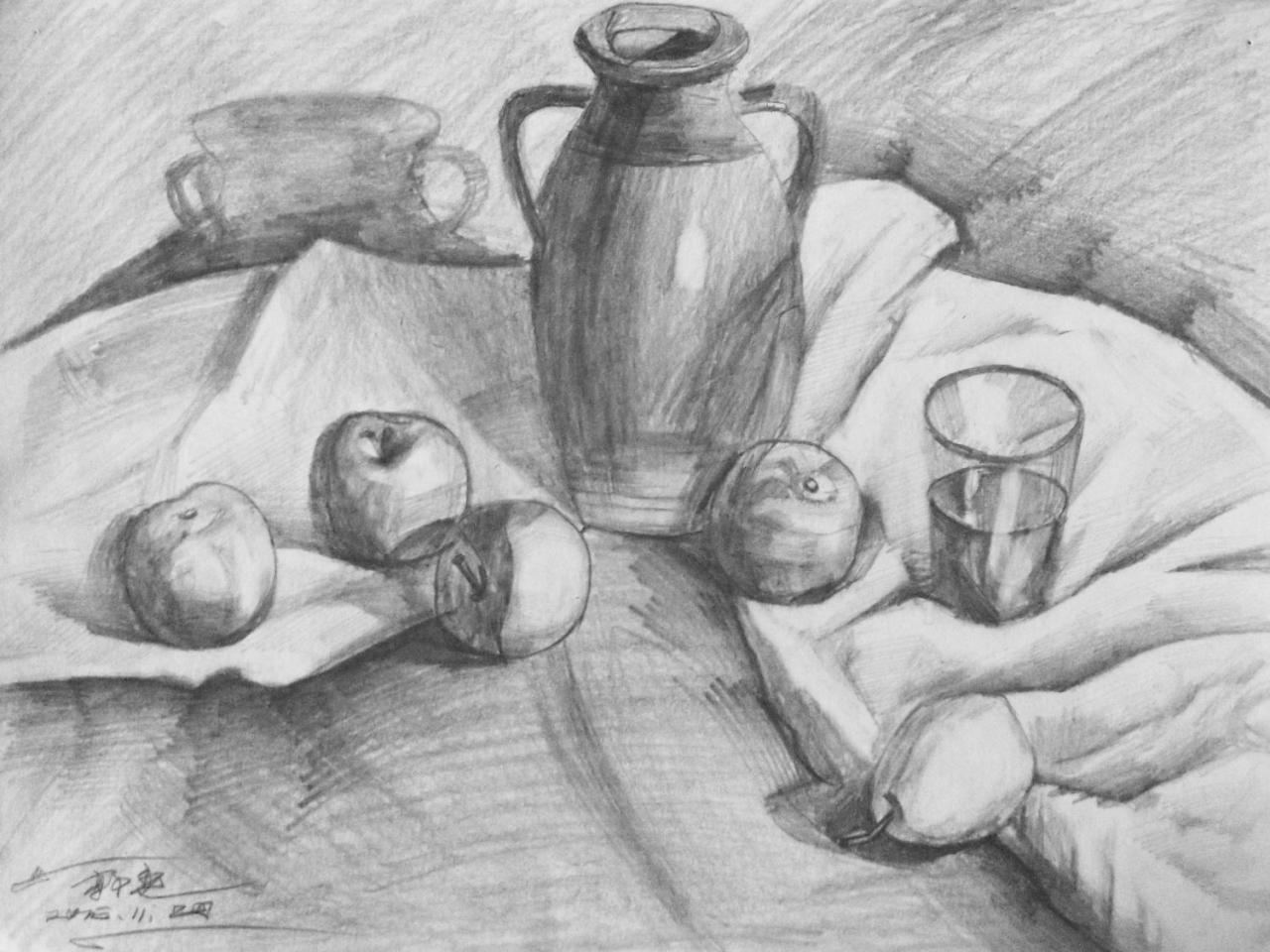 酒瓶 杯子 苹果 梨 静物素描 郭奕画