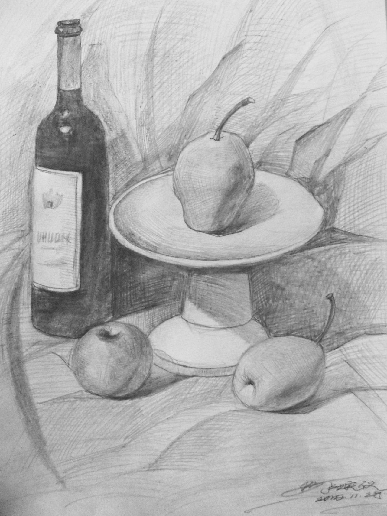 葡萄酒杯 盘子 梨 苹果 静物素描 卢婉仪画