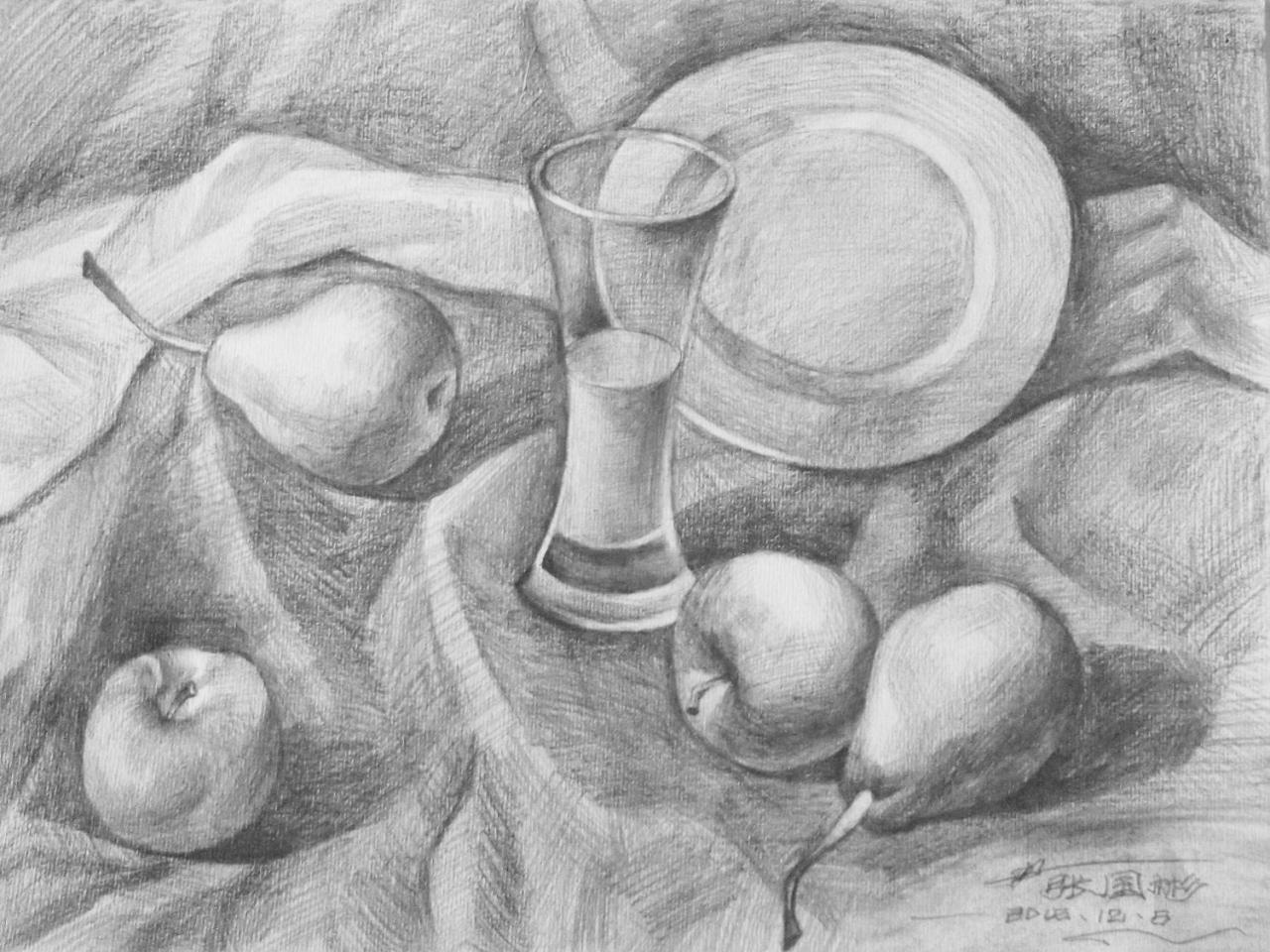 玻璃杯 盘子 梨 苹果 静物素描 张国彬画