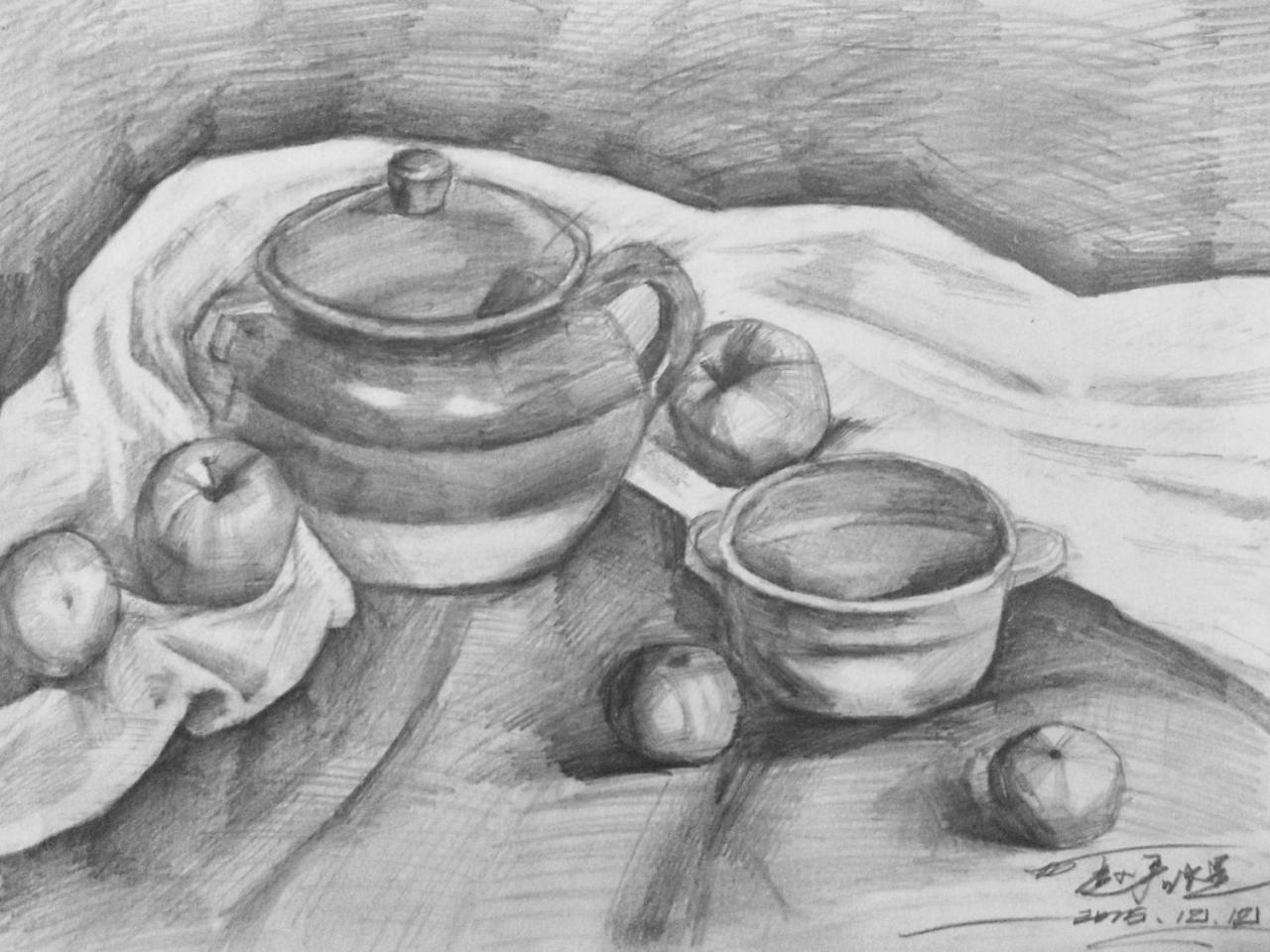 陶罐 盆 苹果 橘子 静物素描 赵启煜画