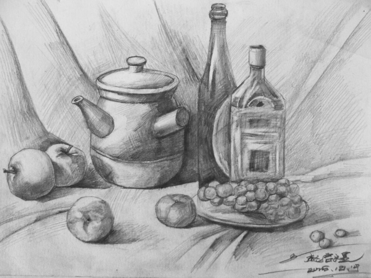 瓶 陶罐 梨 苹果 葡萄 盘子 静物素描 赵启煜画