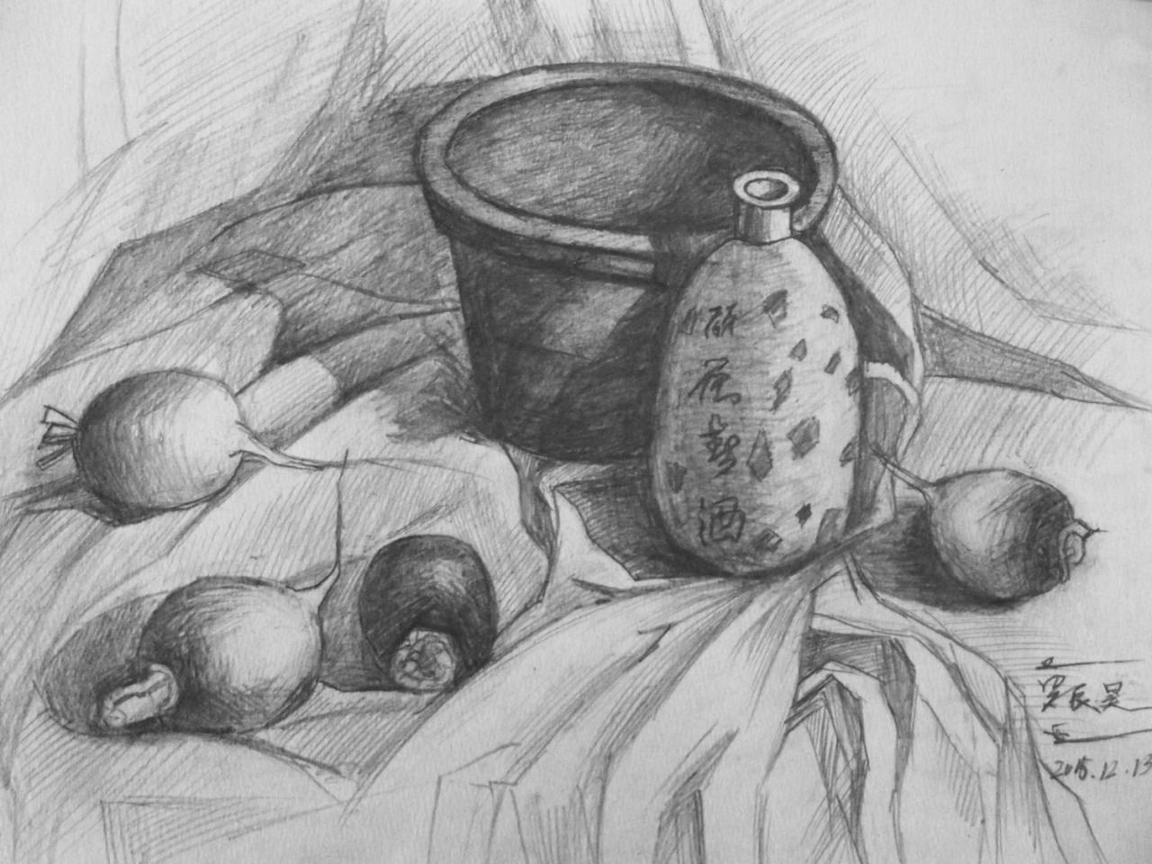 盆 酒瓶 萝卜头 静物素描 罗辰昊画