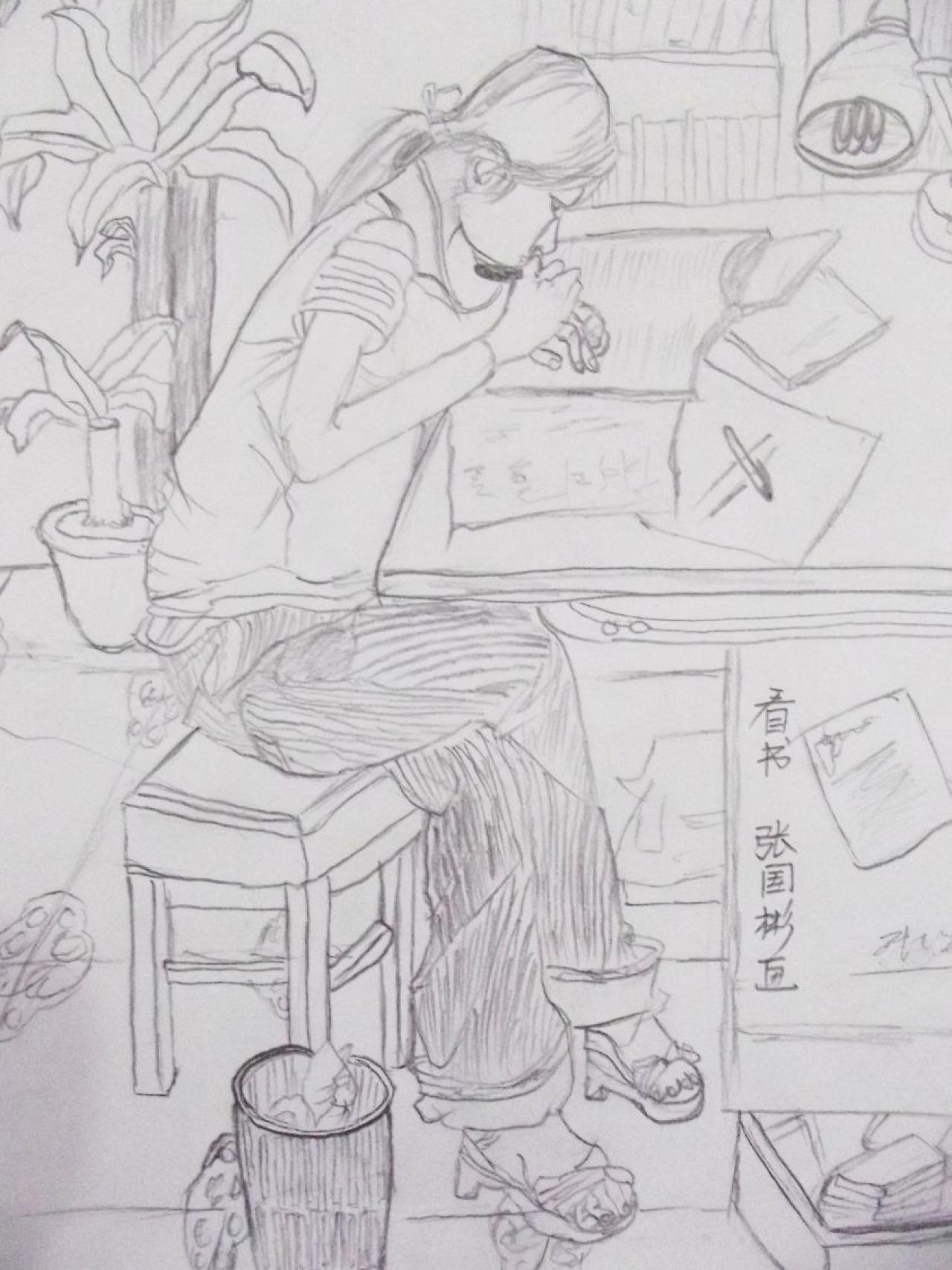 看书的青年女子 人物速写 张国彬画