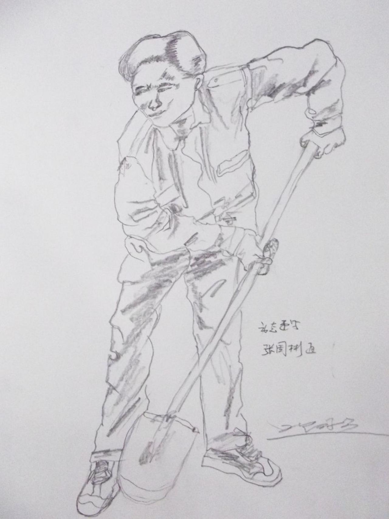 拿着铁锹的青年男子 人物速写 动态速写 张国彬画