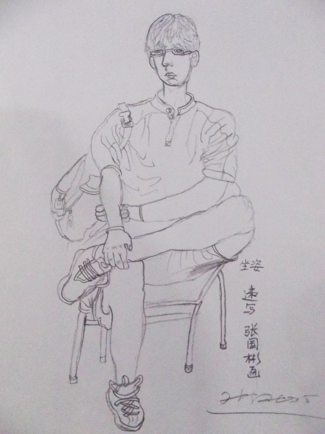 坐在椅子上的青年男子 人物速写 张国彬画