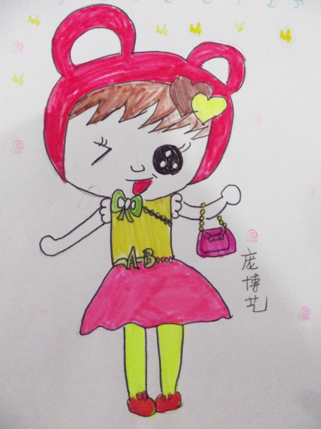 熊耳挂包的Q版女孩 庞博艺画