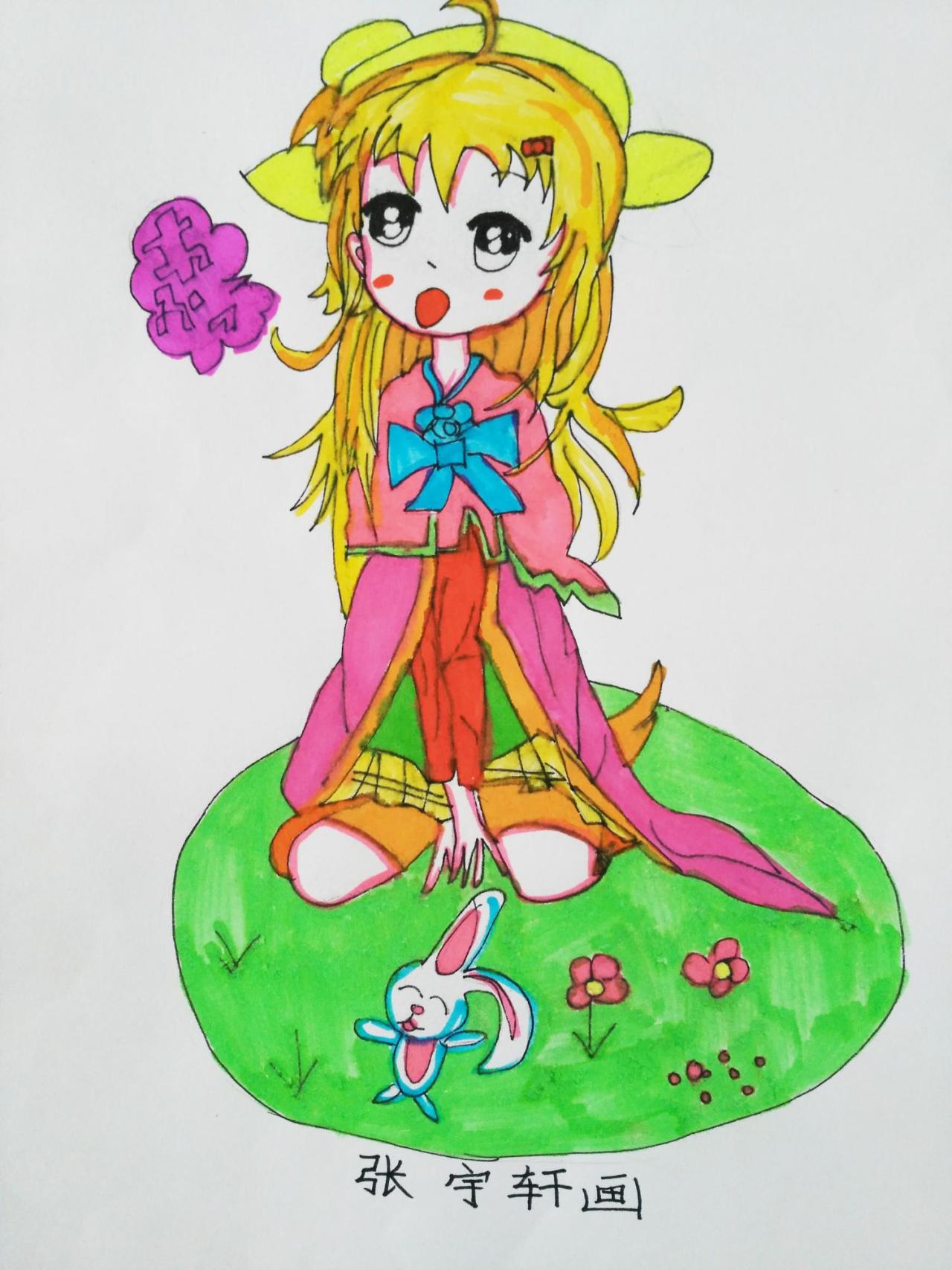 天然呆的小女孩和小兔子 张宇轩画