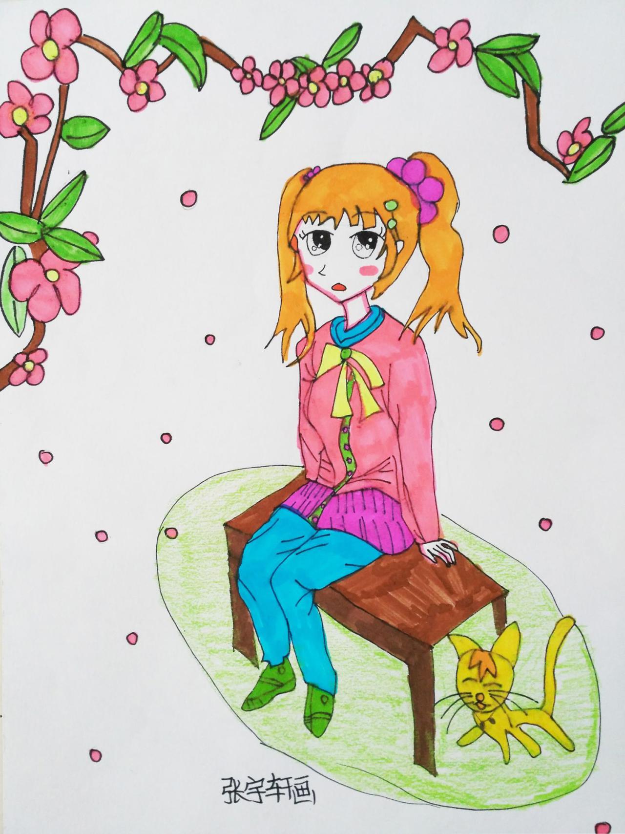 花藤下的女生和小猫 插画 张宇轩画