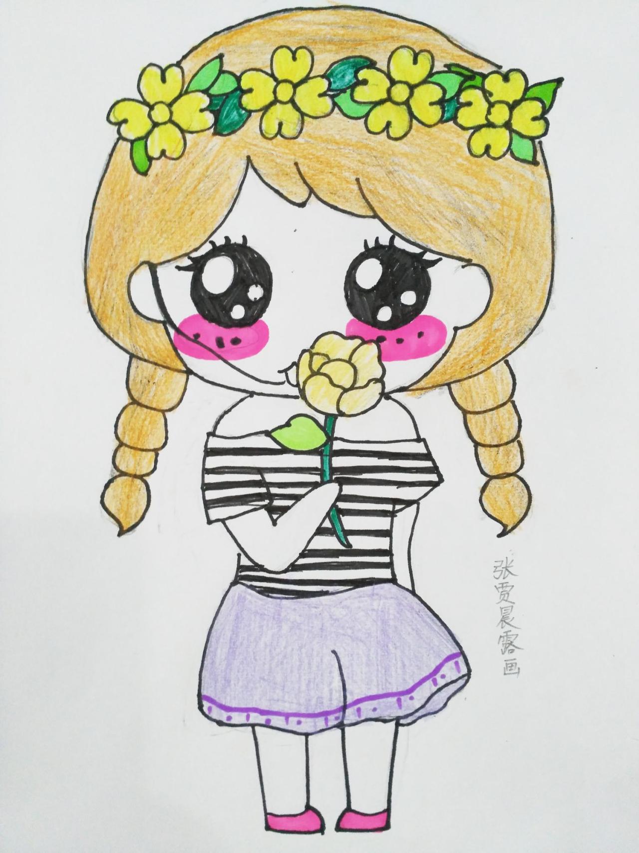 Q版拿花的小女孩 张贾晨露画
