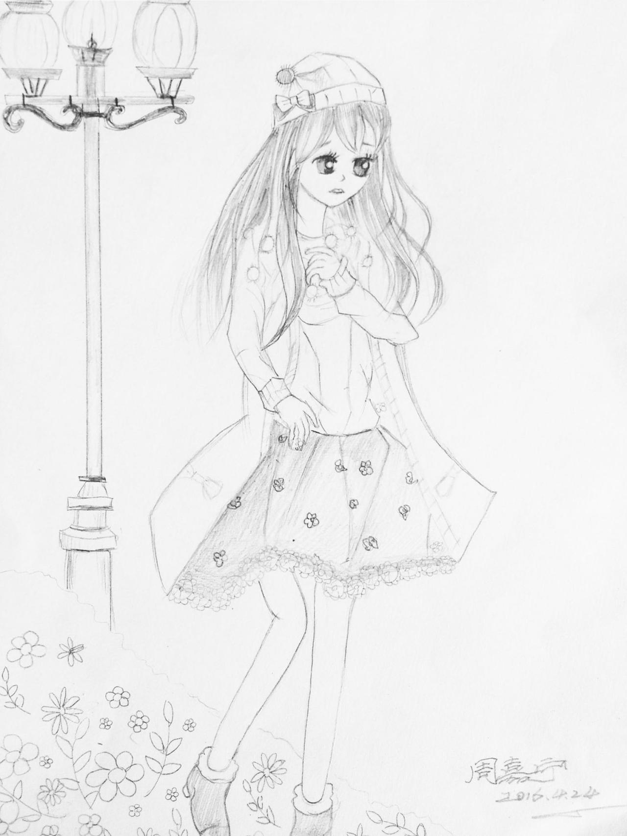 路灯下的小女孩 线稿 周嘉宁画