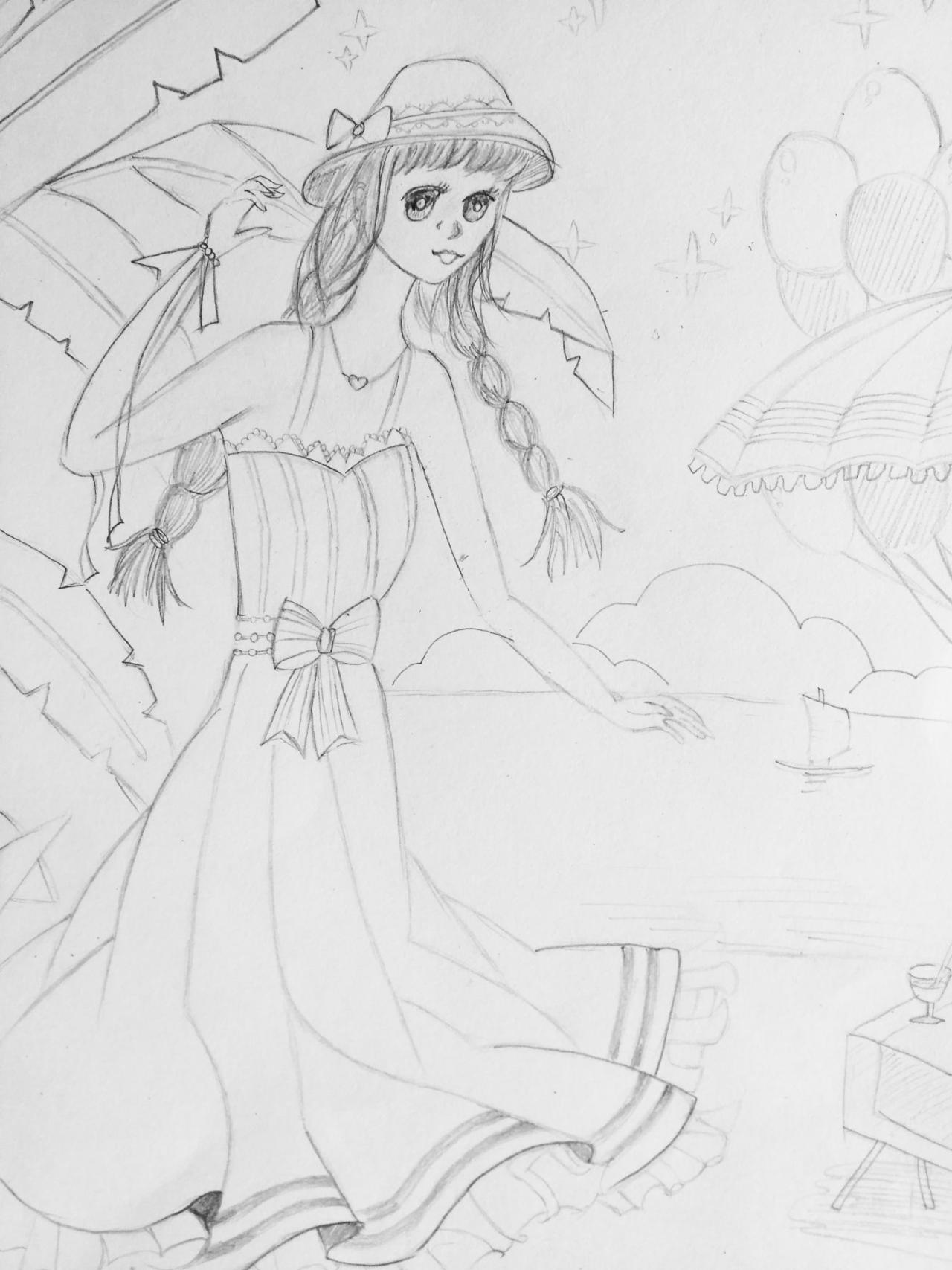 海滩连衣裙少女 线稿 杜亚茹画