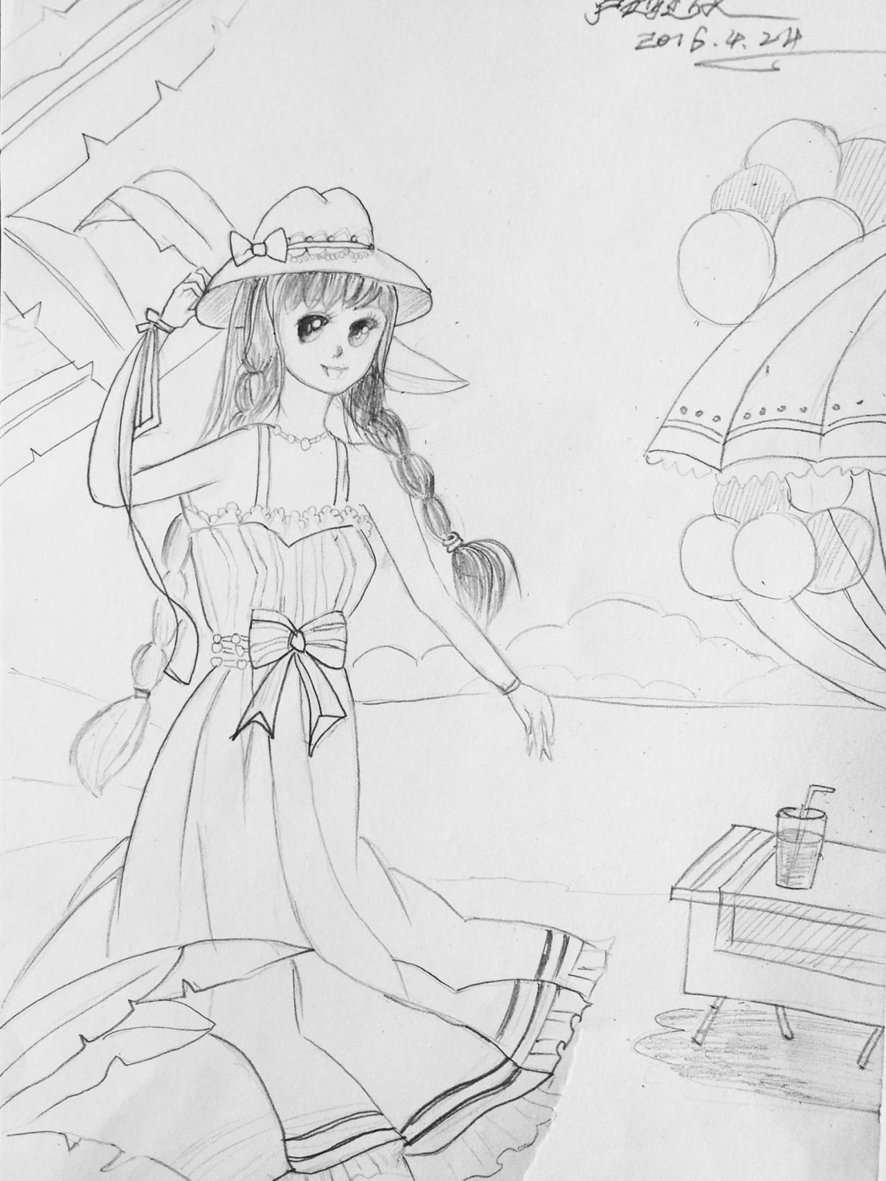 海滩连衣裙少女 线稿 卢婉仪画