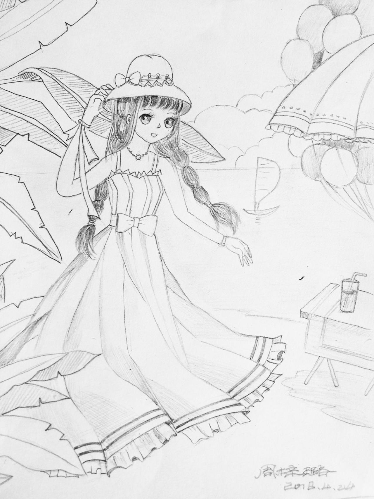 海滩连衣裙少女 线稿 周梓路画