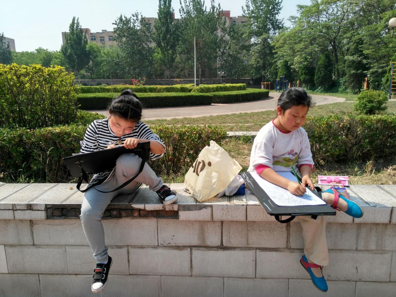 圆梦画室一部中级班严文苗和李嘉莹在写生