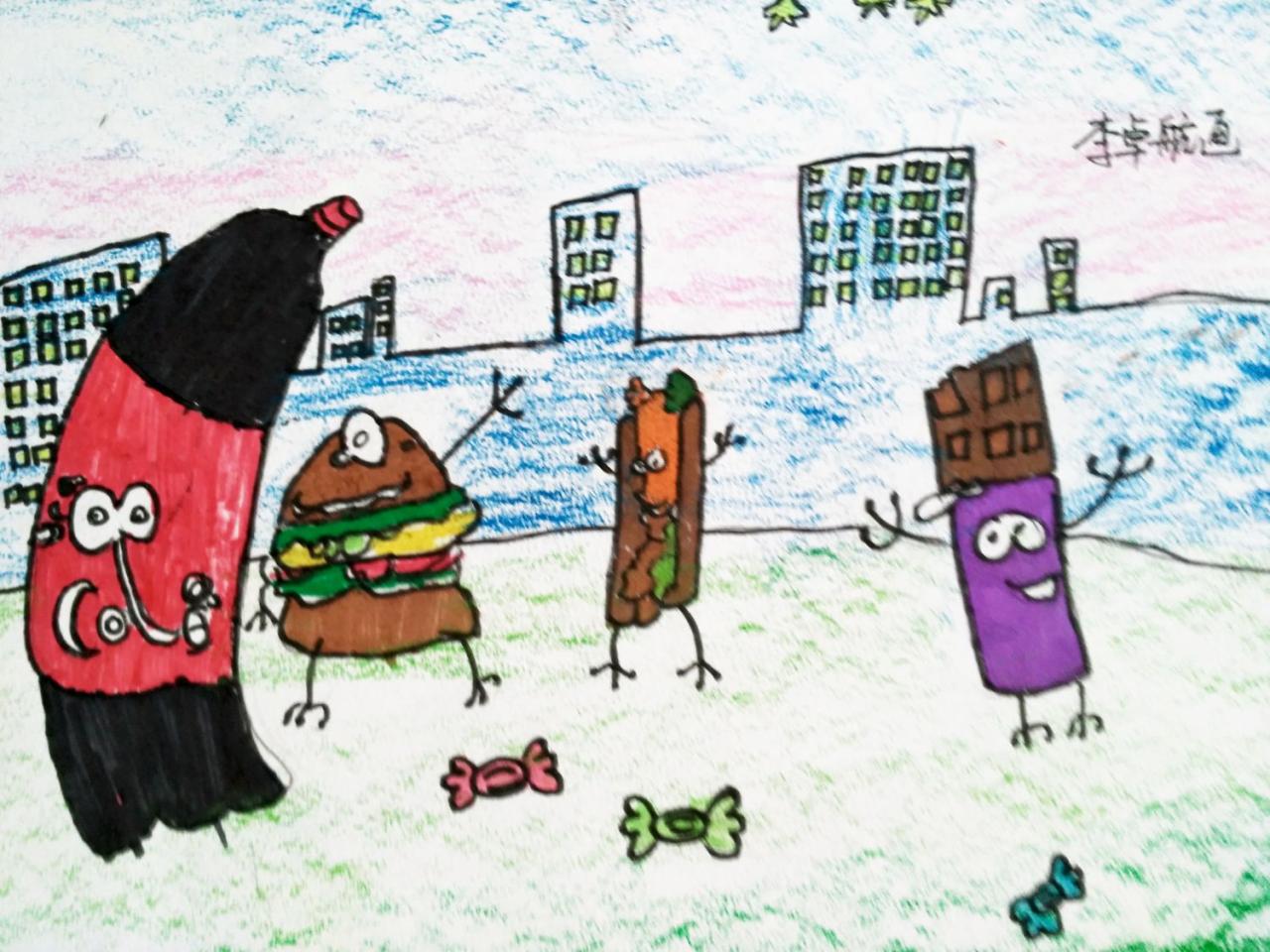汉堡、可乐拟人 李卓航画