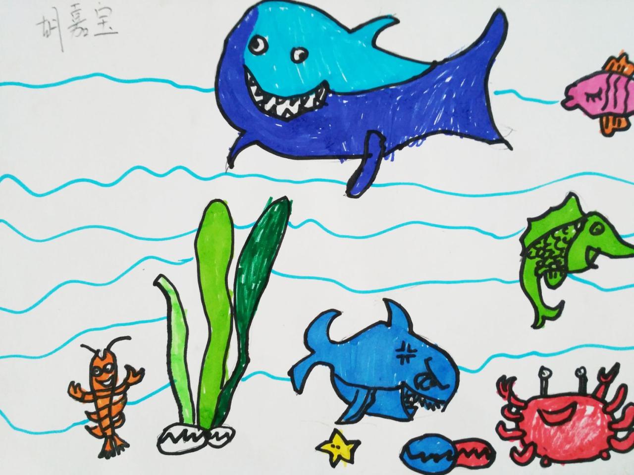 鲨鱼 螃蟹 金鱼 大虾 刘嘉宝画
