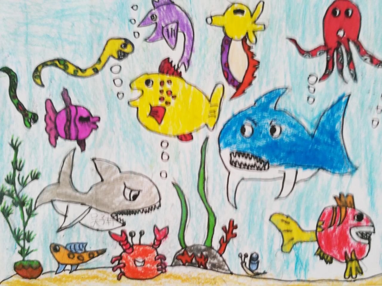 鲨鱼 蛇 章鱼 海马 螃蟹 蜗牛 海底世界 吴子轩画