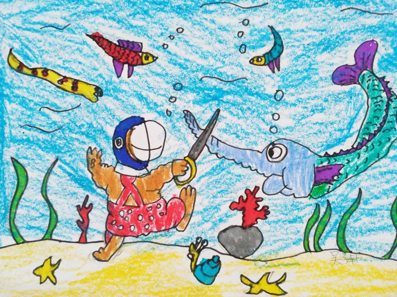 海龟大战鳄鱼 吴子轩画