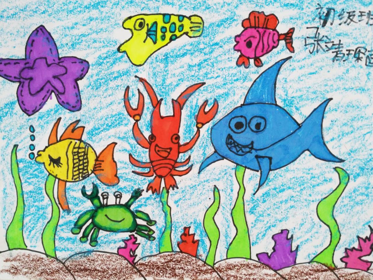鲨鱼 海星星 螃蟹 热带鱼 水草 海底世界 张靖琛画