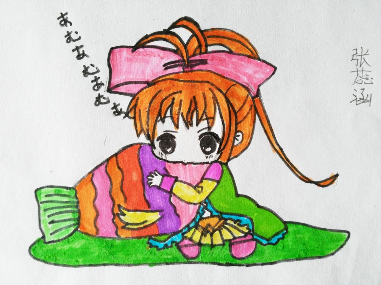 正在吃鱼的女孩 张蕊涵画