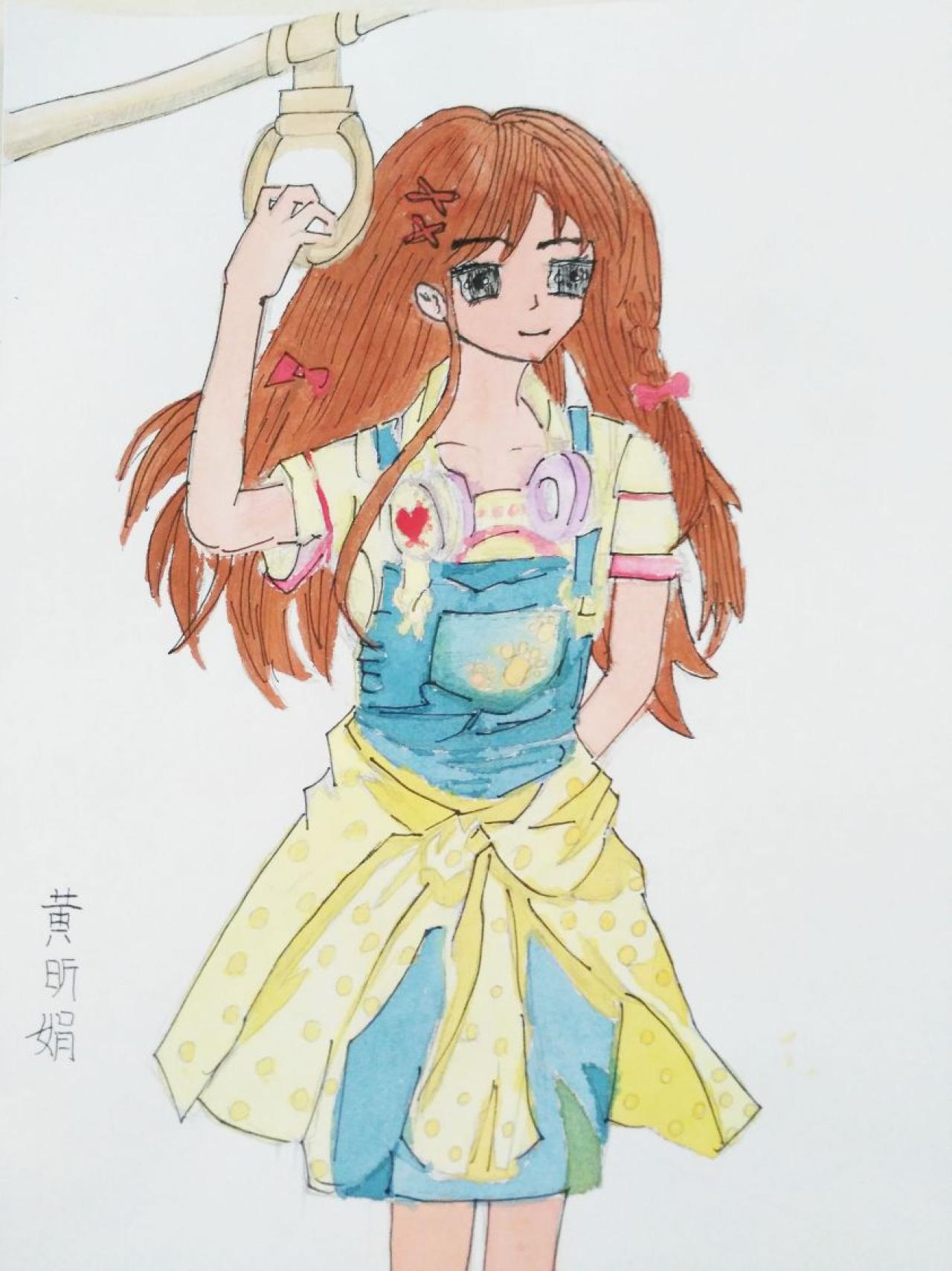 挂着耳机站在公交车上的少女 黄昕娟画