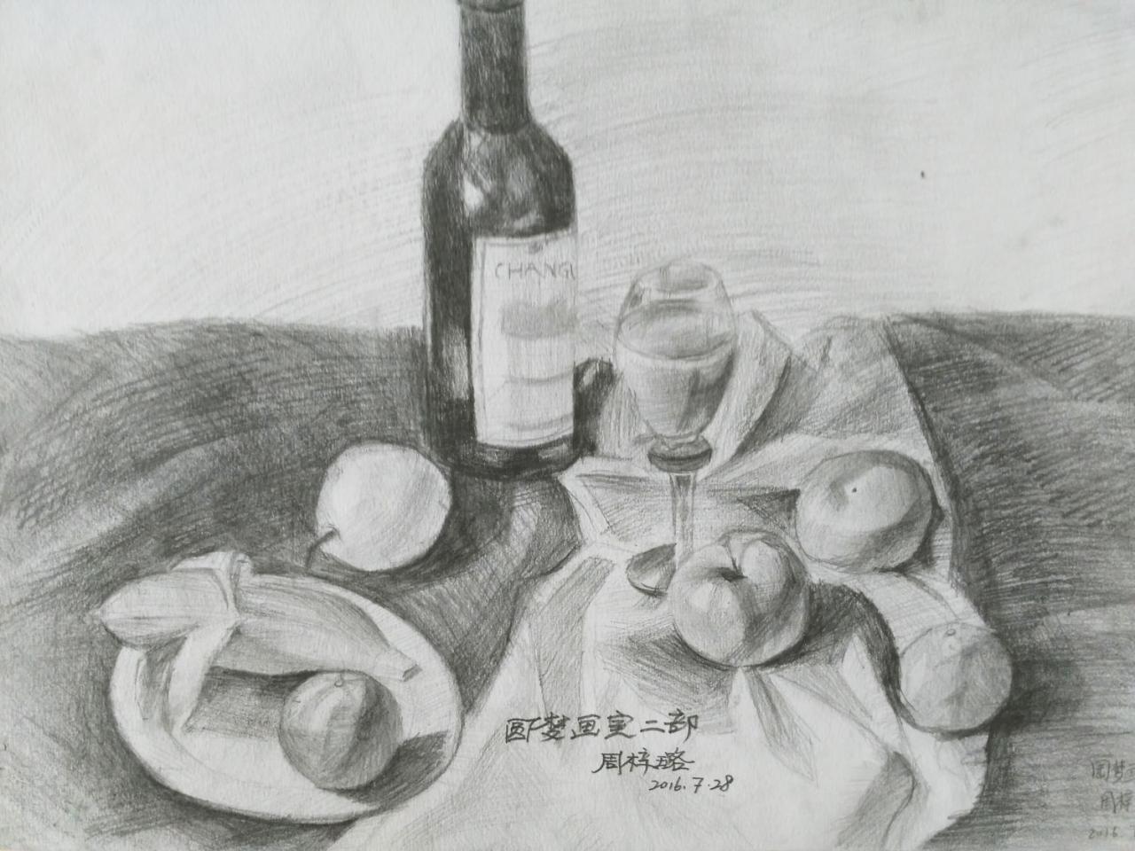 啤酒、玻璃杯、苹果、香蕉、盘子 静物素描 周梓路画