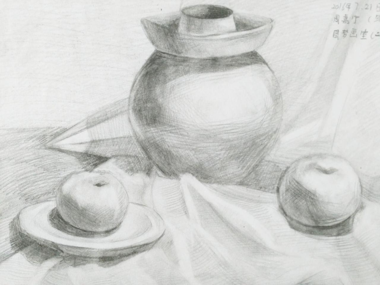 陶罐、盘子、苹果 静物写生 周嘉宁画