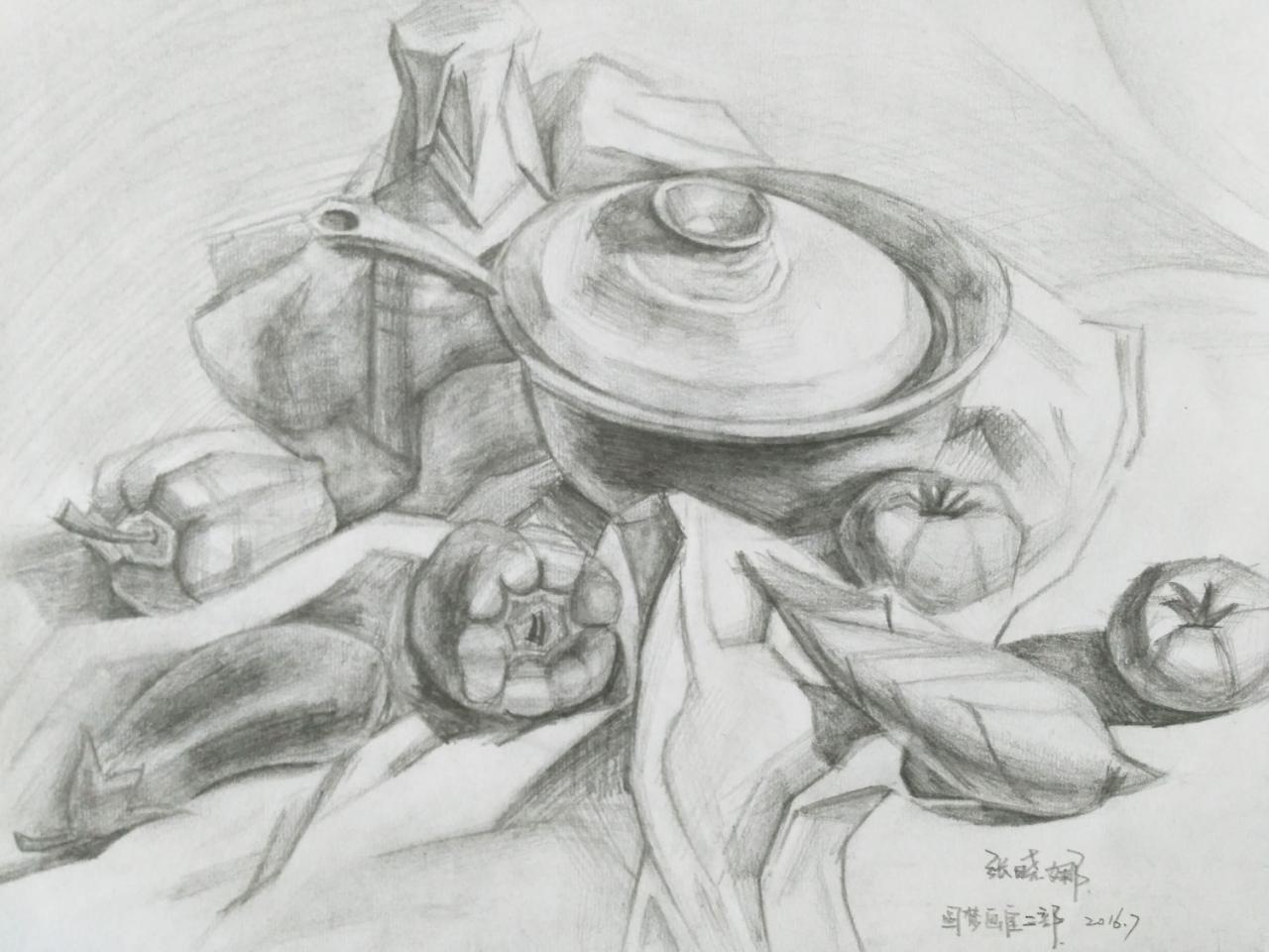 砂锅、青椒、茄子、辣椒、大蒜 静物素描 张晓娜画