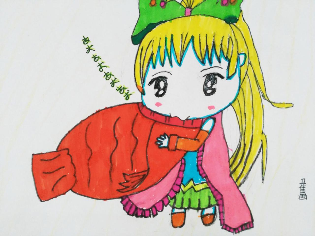 吃鱼的Q版动漫女孩 卫佳画