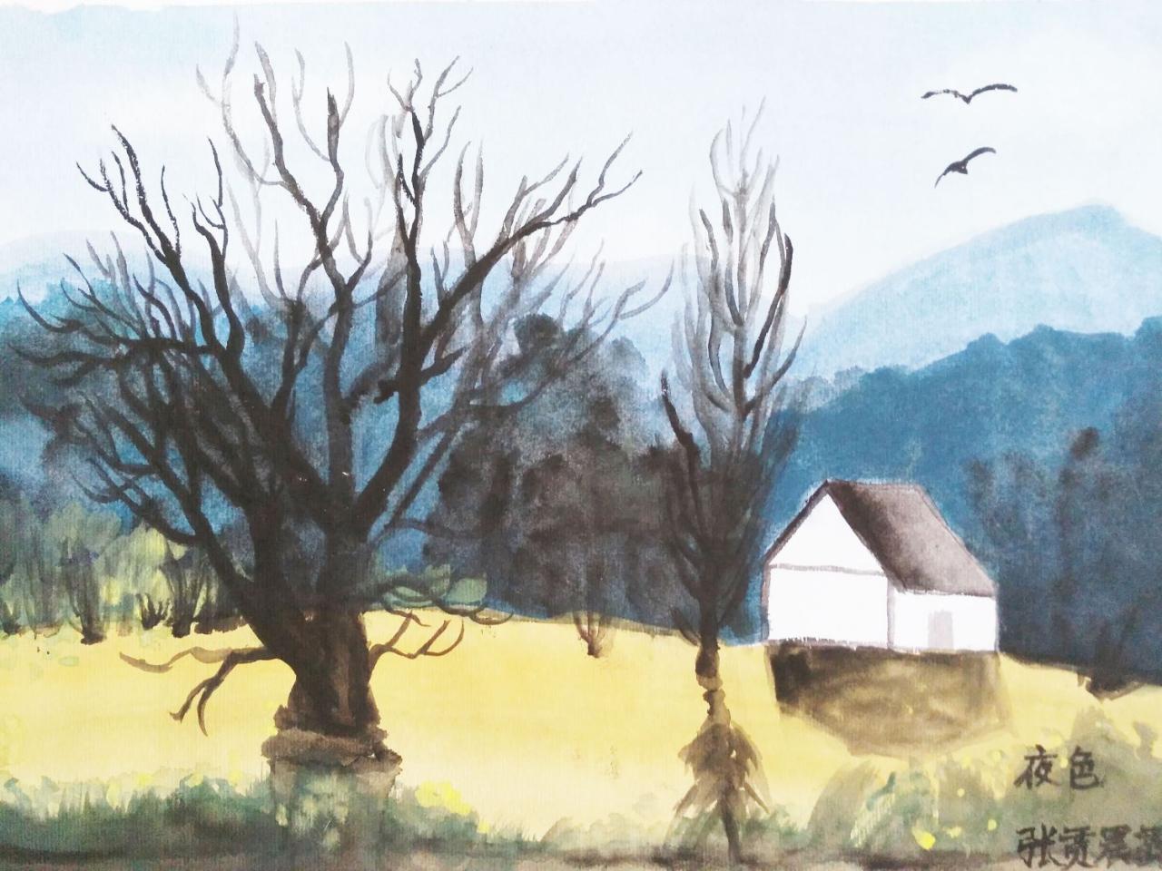夜色 水彩风景 张贾晨露画