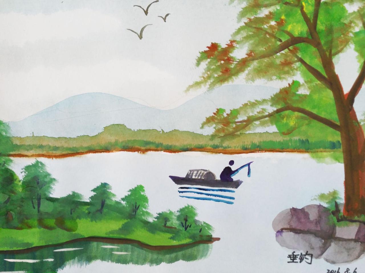 垂钓 水彩风景 刘紫宁画