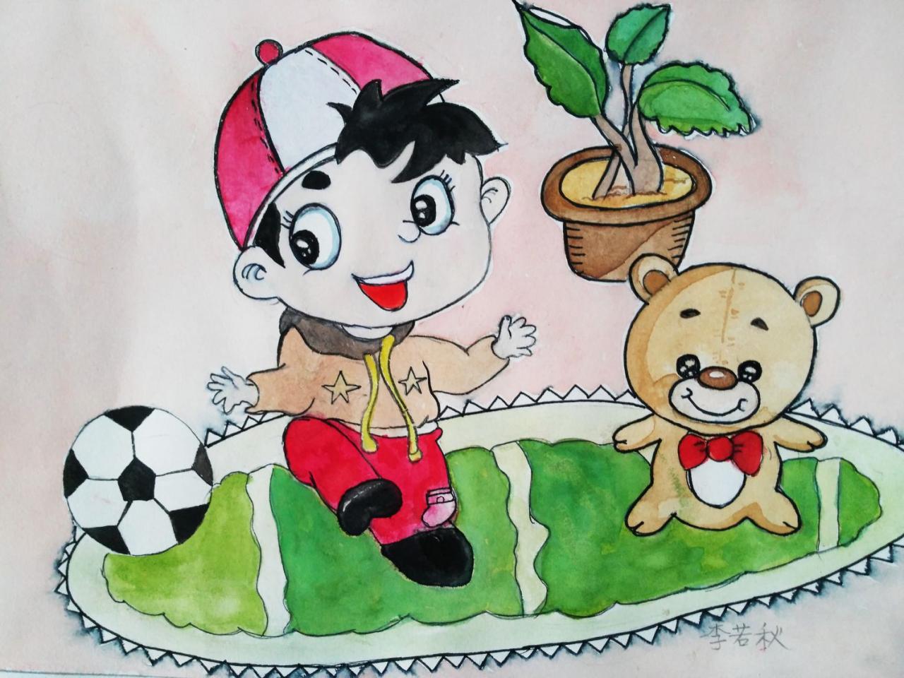 小男孩与小熊 李若秋画