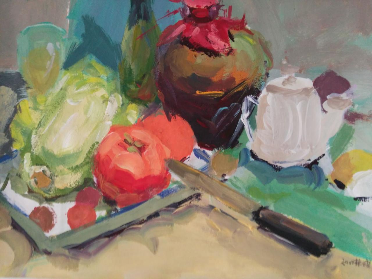 水粉静物 酒坛、水壶、水果刀、盘子、玻璃杯、白菜、西红柿等 孙琳琪画