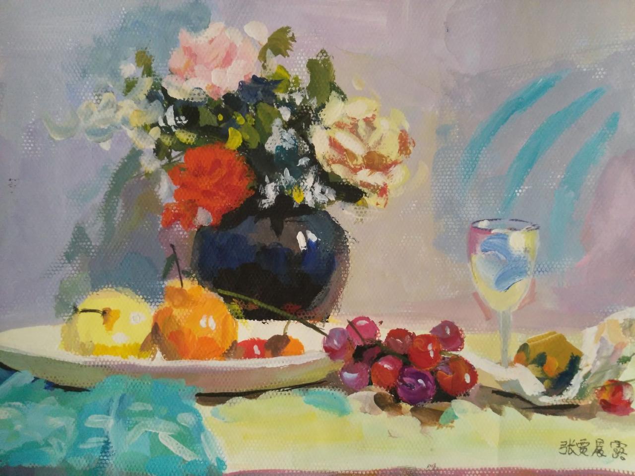 水粉静物 花瓶、梨、葡萄、盘子、玻璃杯等 张贾晨露画
