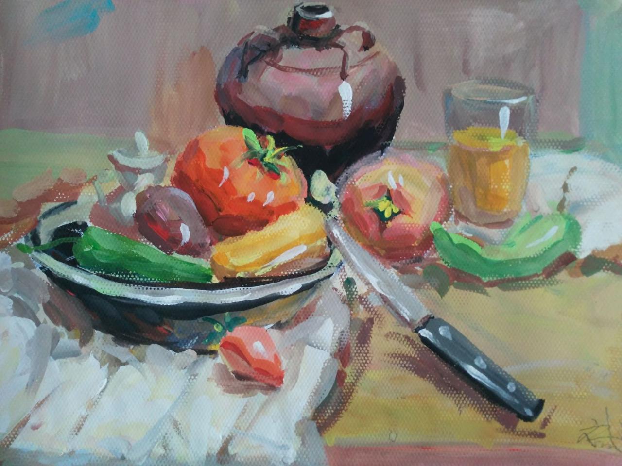 水粉静物 陶罐、不锈钢盆、玻璃杯、水果刀、西红柿、辣椒等 冯斌画