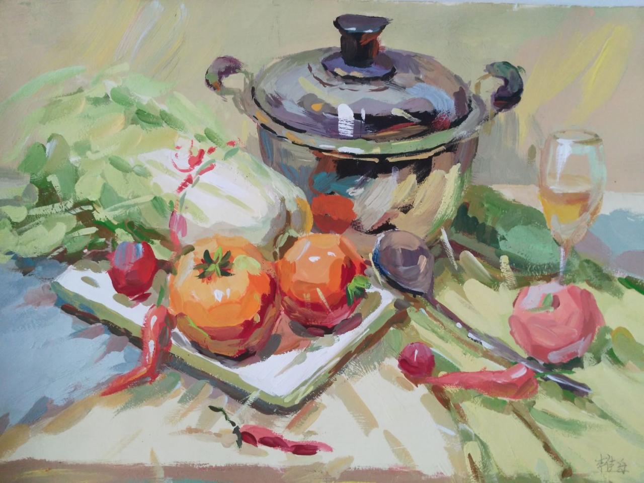 水粉静物 不锈钢锅、不锈钢汤勺、玻璃杯、白菜、西红柿、辣椒等 李佳乐画