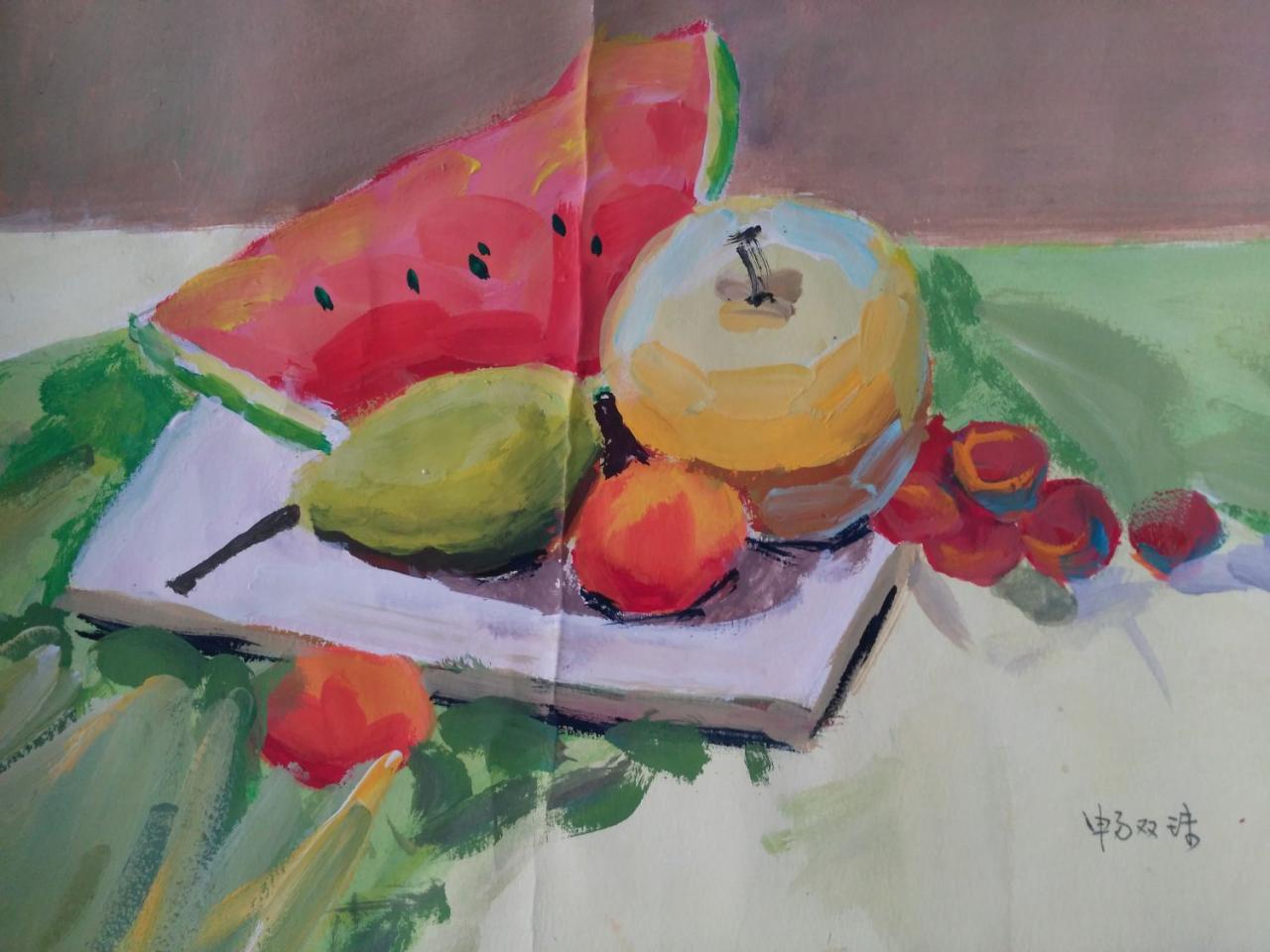 水粉静物 梨、西瓜、苹果、葡萄、盘子等 畅双珠画