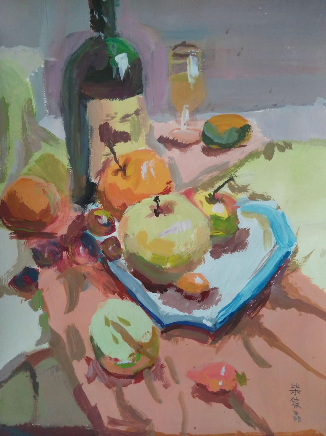 水粉静物 酒瓶、玻璃杯、盘子、苹果、梨、芒果等 柴筱晶画