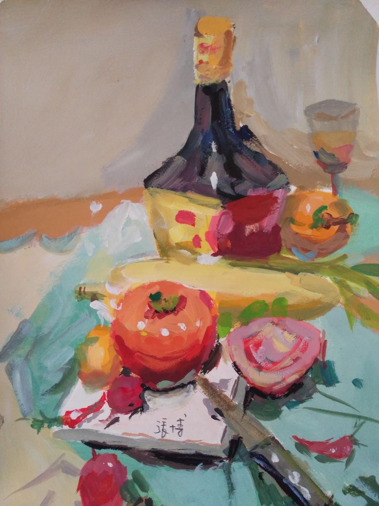 水粉静物 酒瓶、玉米、玻璃杯、西红柿、水果刀、辣椒等 张博画