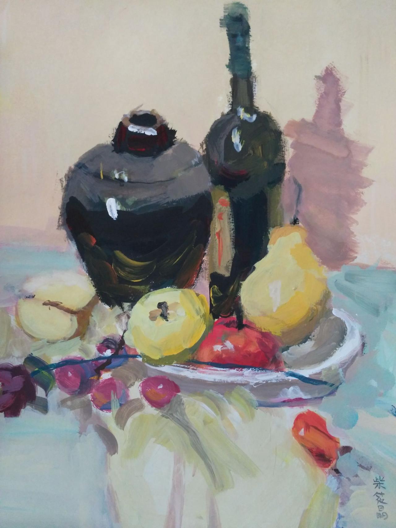 水粉静物 陶罐、酒瓶、梨、盘子、葡萄等 柴筱晶画