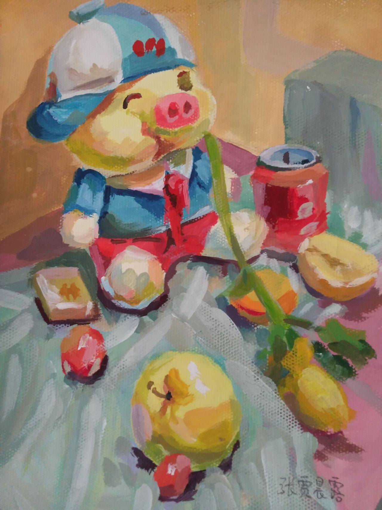 水粉静物 小猪、可乐、芒果、花、梨等 张贾晨露画