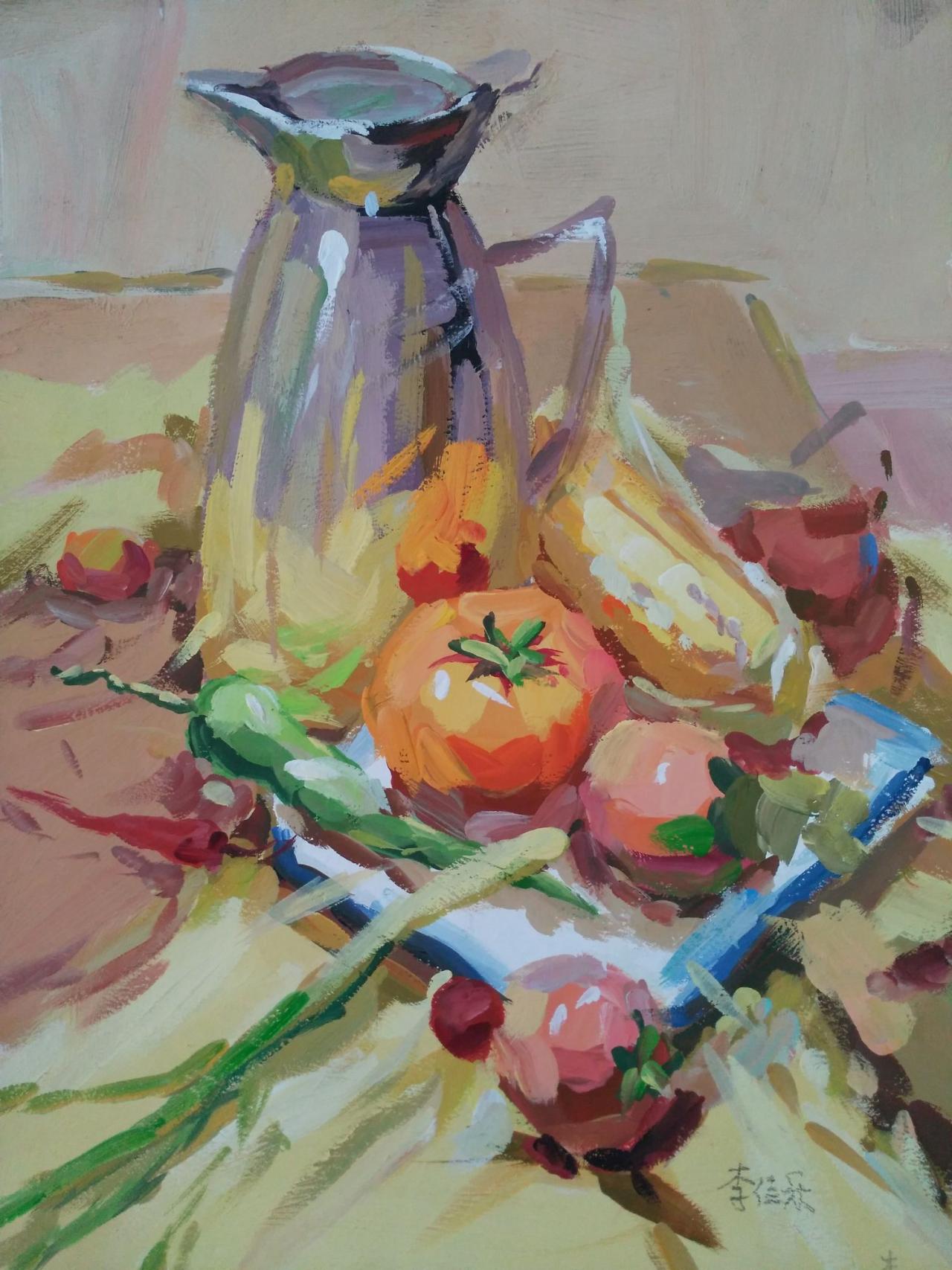 水粉静物 不锈钢水壶、西红柿、玉米、辣椒、葱等 李佳乐画
