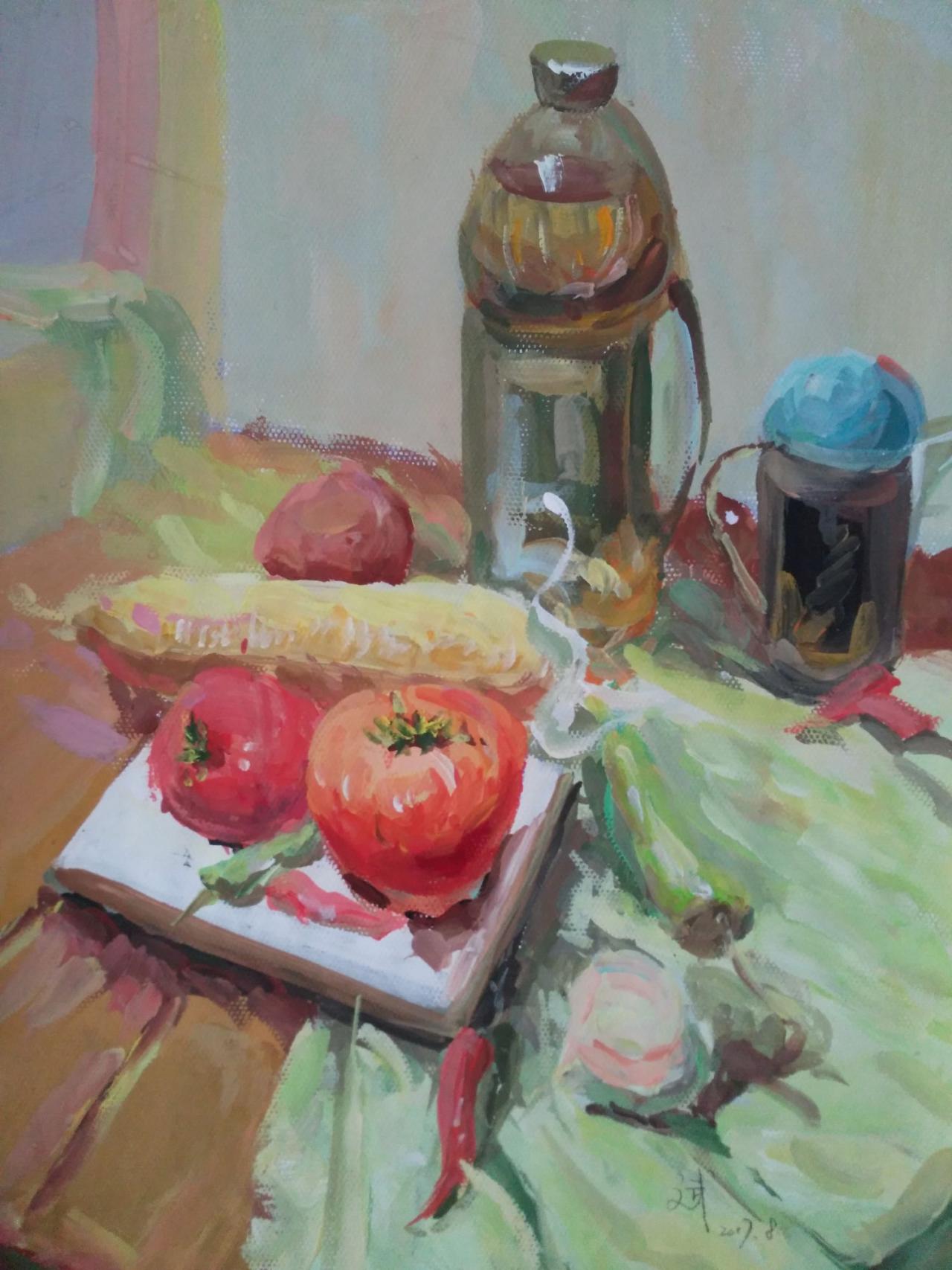 水粉静物 油、水杯、西红柿、玉米、辣椒、盘子等 冯斌画