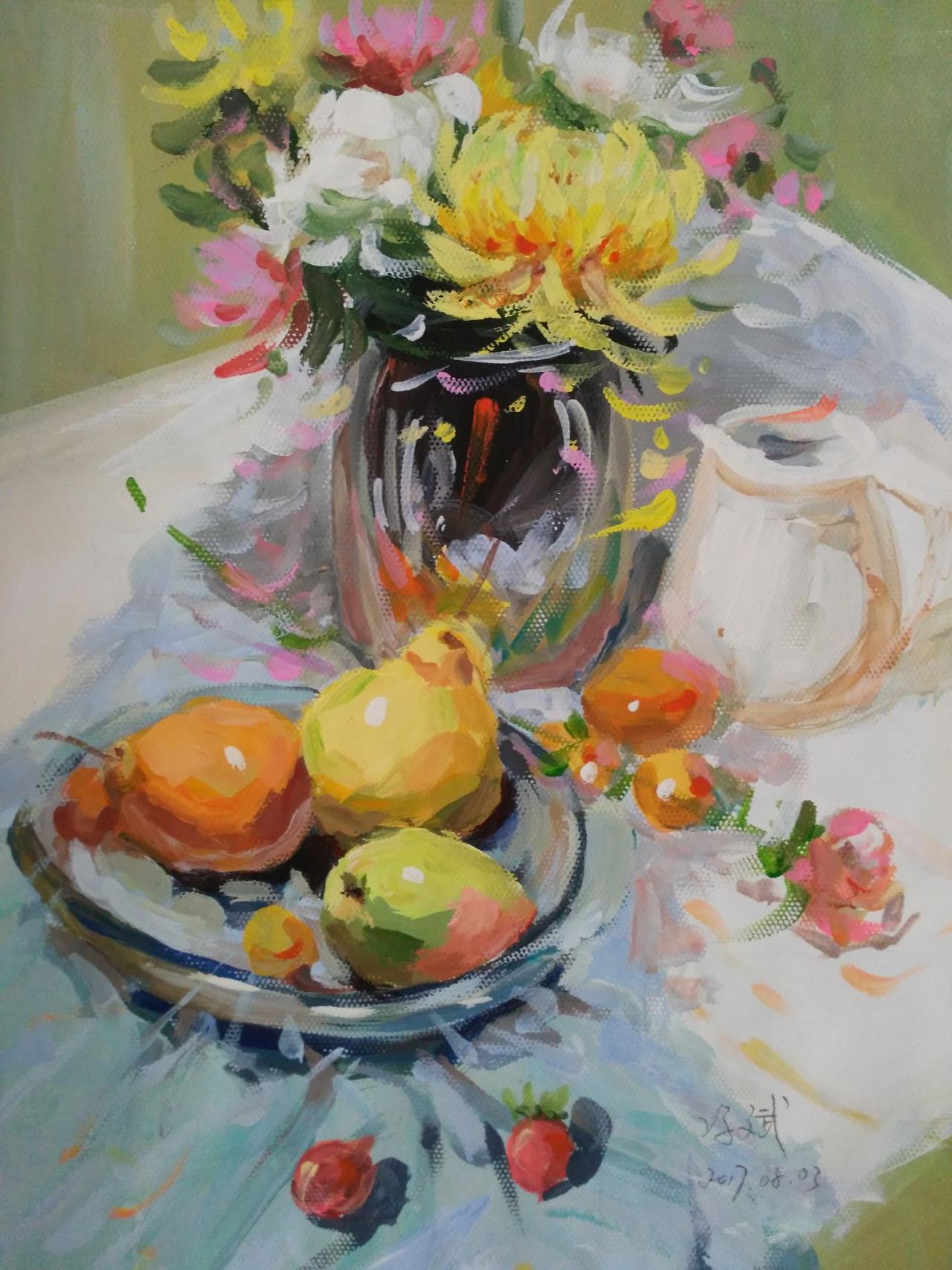水粉静物 花瓶、梨、水壶、盘、花等 冯斌画