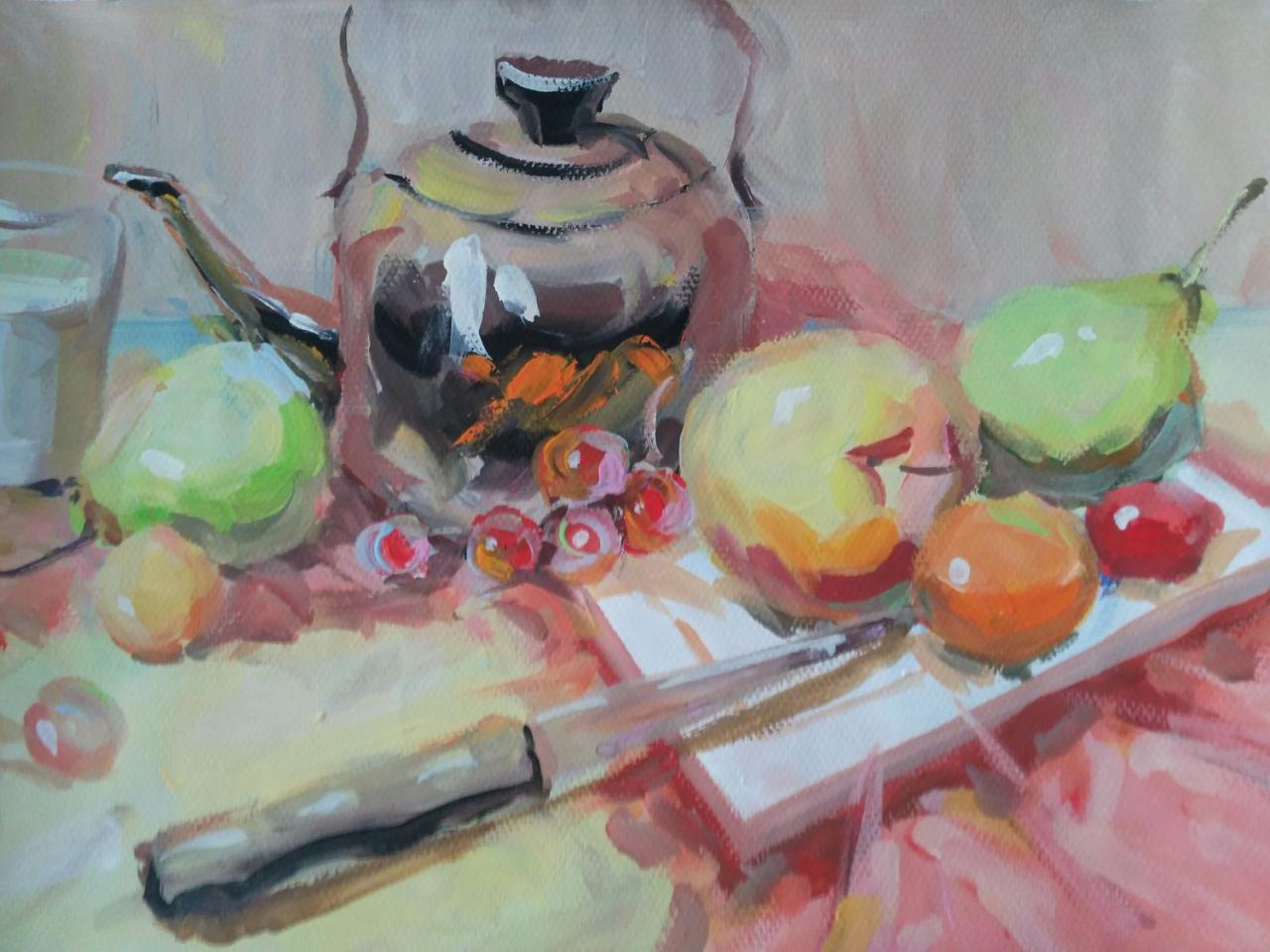 水粉静物 水壶、玻璃杯、水果刀、苹果、梨、盘子等